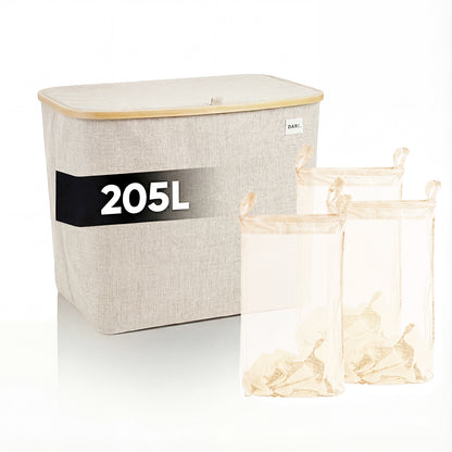 DARI. Wassorteerder 205L XXL — Wasmand 3 Vakken met Bamboe Frame — Grijs / Beige / Zwart