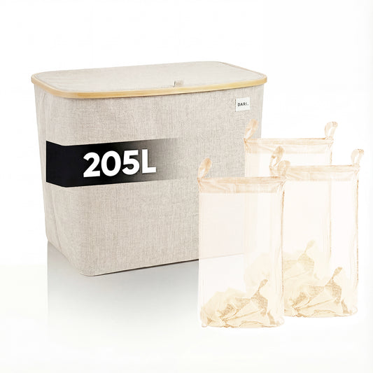 DARI. Wassorteerder 205L XXL — Wasmand 3 Vakken met Bamboe Frame — Grijs / Beige / Zwart