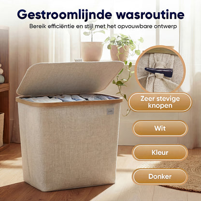 DARI. Wassorteerder 205L XXL — Wasmand 3 Vakken met Bamboe Frame — Grijs / Beige / Zwart