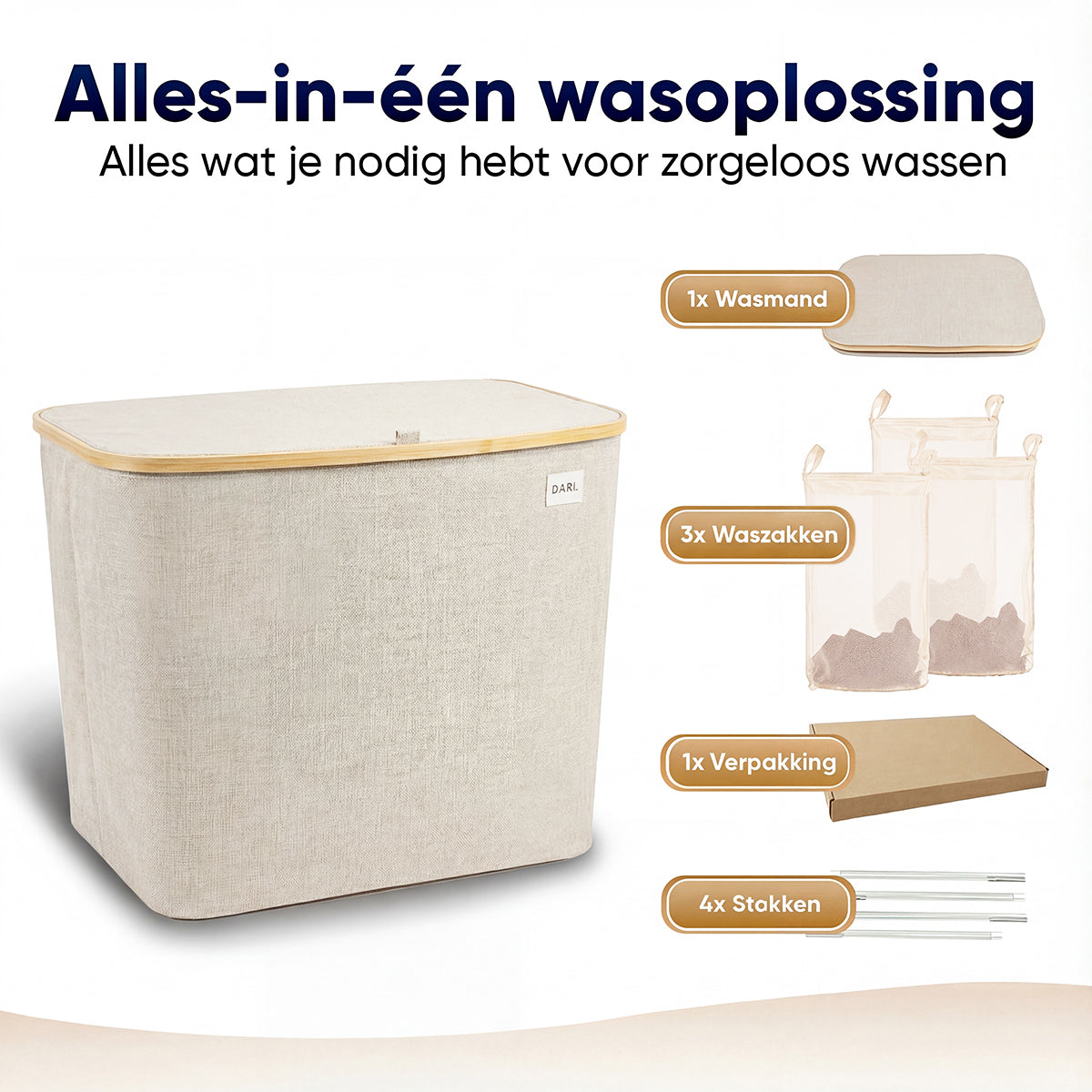 DARI. Wassorteerder 205L XXL — Wasmand 3 Vakken met Bamboe Frame — Grijs / Beige / Zwart