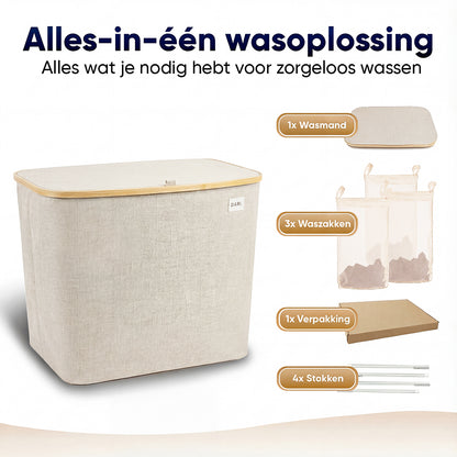 DARI. Wassorteerder 205L XXL — Wasmand 3 Vakken met Bamboe Frame — Grijs / Beige / Zwart