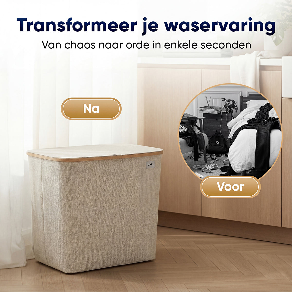 DARI. Wassorteerder 205L XXL — Wasmand 3 Vakken met Bamboe Frame — Grijs / Beige / Zwart