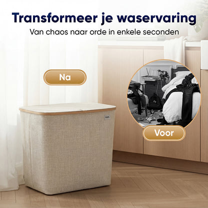 DARI. Wassorteerder 205L XXL — Wasmand 3 Vakken met Bamboe Frame — Grijs / Beige / Zwart