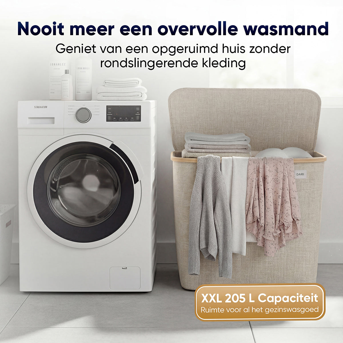 DARI. Wassorteerder 205L XXL — Wasmand 3 Vakken met Bamboe Frame — Grijs / Beige / Zwart