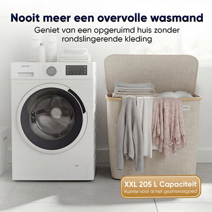 DARI. Wassorteerder 205L XXL — Wasmand 3 Vakken met Bamboe Frame — Grijs / Beige / Zwart