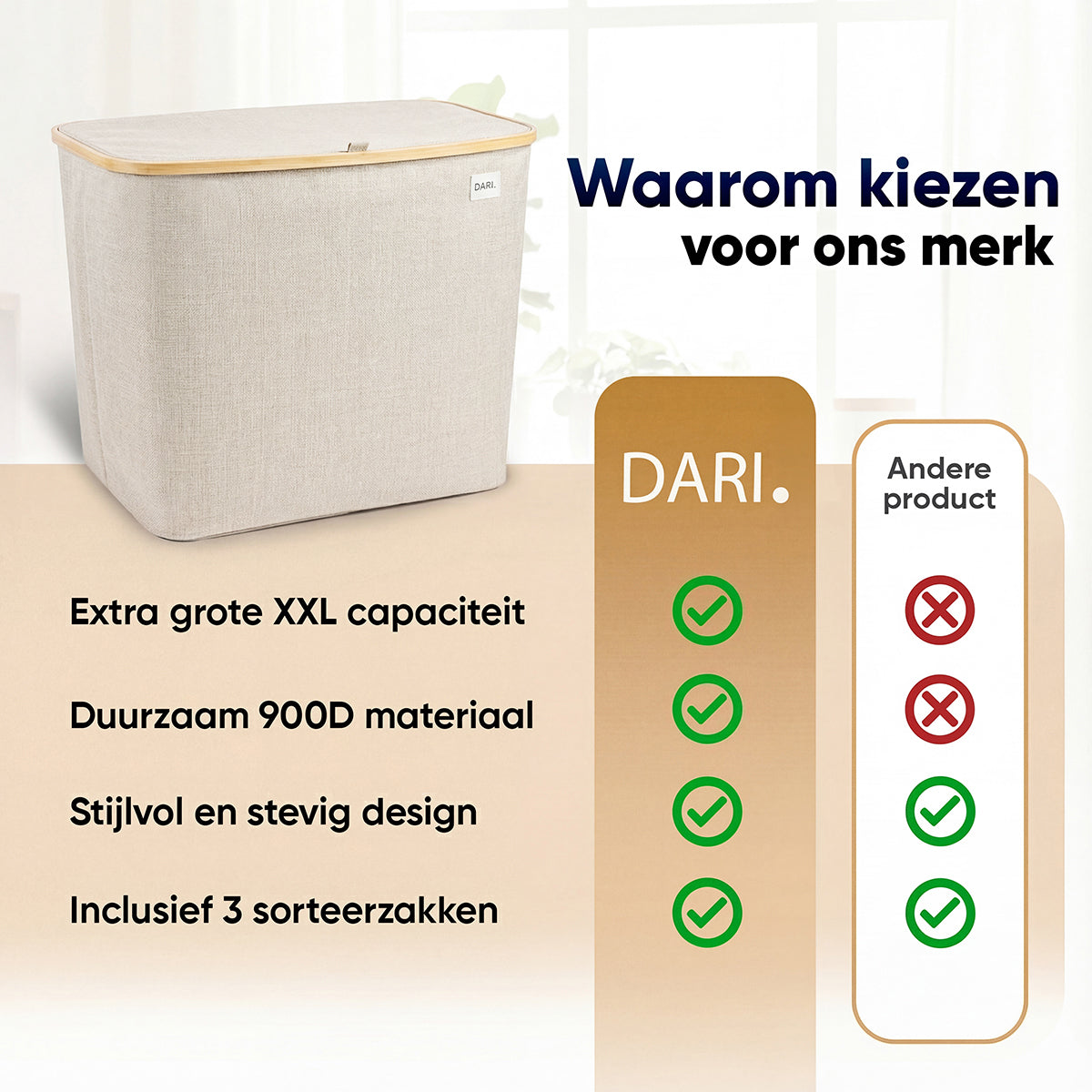 DARI. Wassorteerder 205L XXL — Wasmand 3 Vakken met Bamboe Frame — Grijs / Beige / Zwart