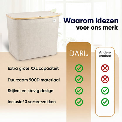 DARI. Wassorteerder 205L XXL — Wasmand 3 Vakken met Bamboe Frame — Grijs / Beige / Zwart