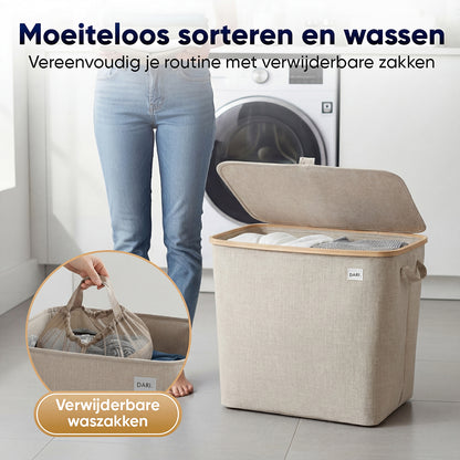 DARI. Wassorteerder 205L XXL — Wasmand 3 Vakken met Bamboe Frame — Grijs / Beige / Zwart