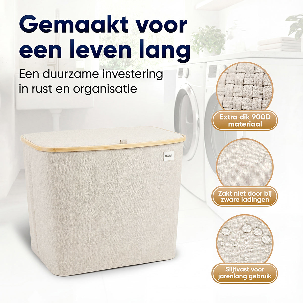 DARI. Wassorteerder 205L XXL — Wasmand 3 Vakken met Bamboe Frame — Grijs / Beige / Zwart