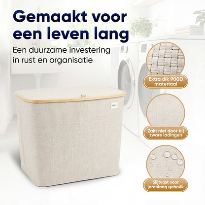 DARI. Wassorteerder 205L XXL — Wasmand 3 Vakken met Bamboe Frame — Grijs / Beige / Zwart