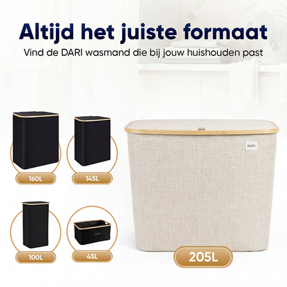 DARI. Wassorteerder 205L XXL — Wasmand 3 Vakken met Bamboe Frame — Grijs / Beige / Zwart